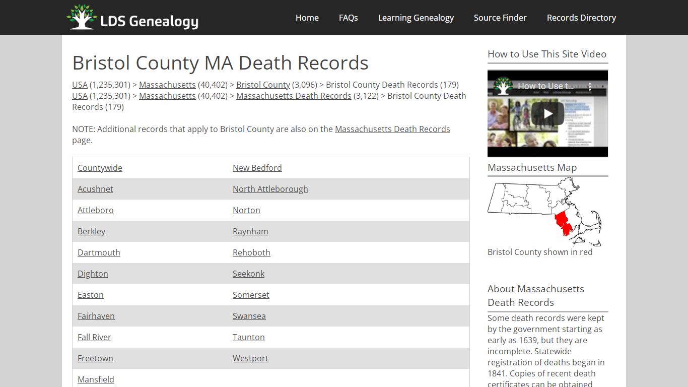 Bristol County MA Death Records - LDS Genealogy