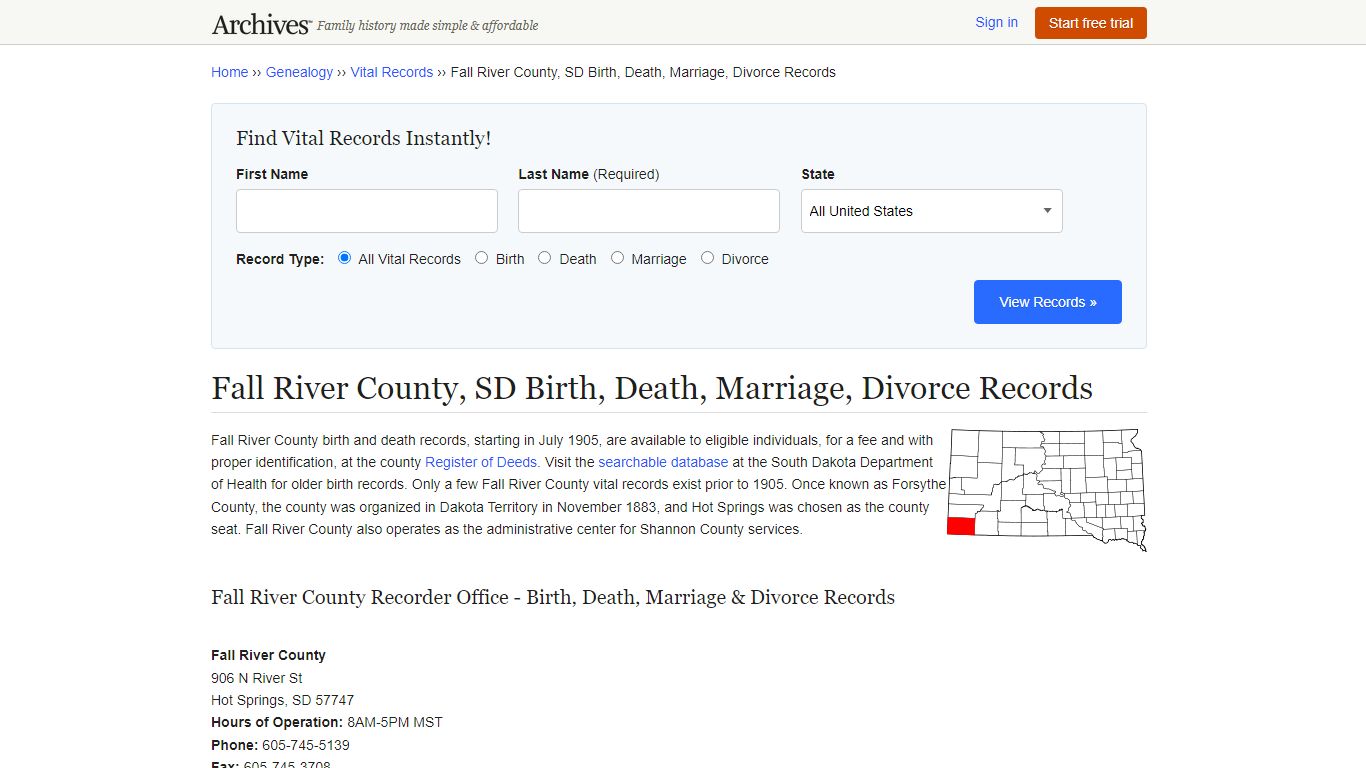 Fall River County, SD Birth, Death, Marriage, Divorce Records