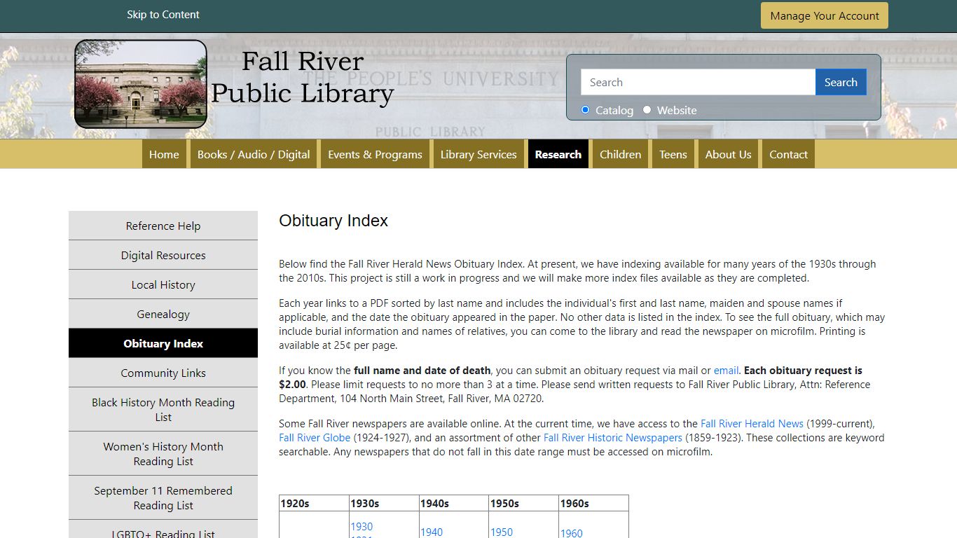 Obituary Index | Fall River Public Library